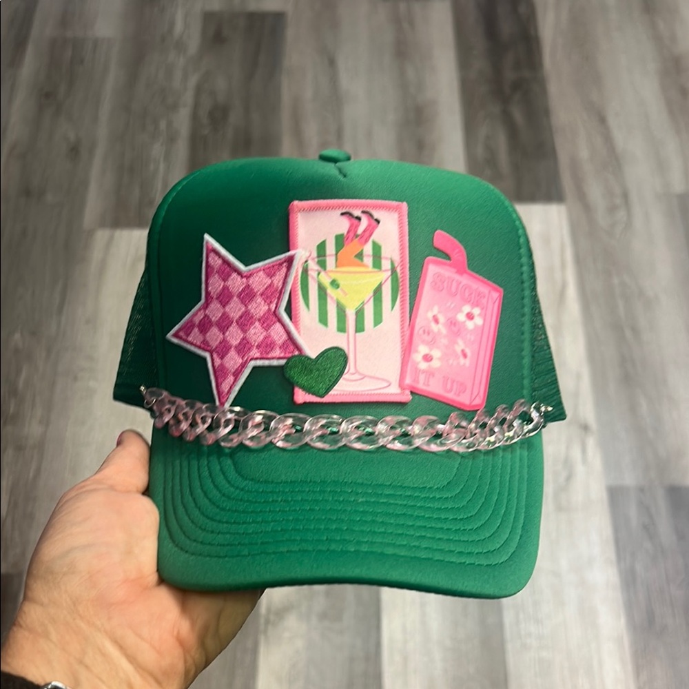 OTTO Green and Pink Hat with Chain Detail
